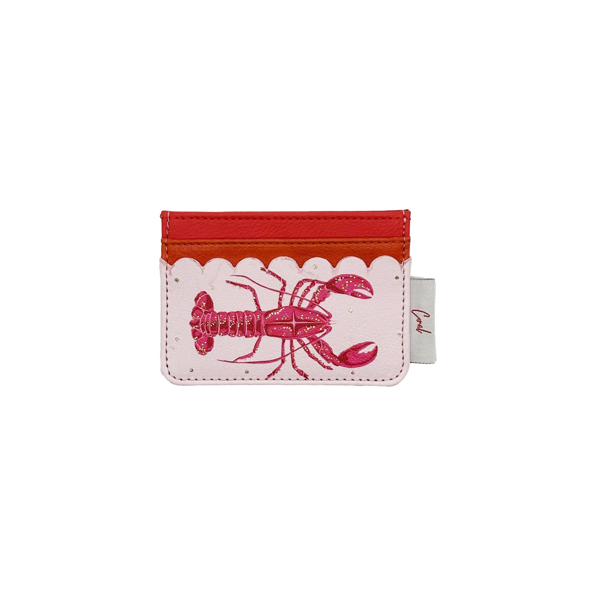 A colourful accessory, this Coral Lobster Card Holder boasts card slots, a red lobster illustration, pink scalloped edges, and a striking red top section.