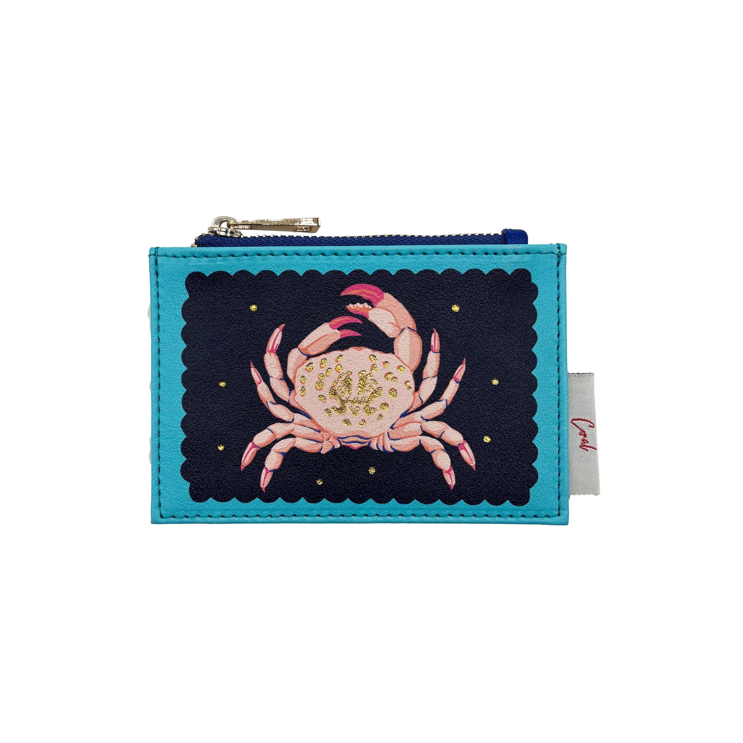 A petite blue Coral Crab zip purse showcasing a delightful crab motif on a dark backdrop with yellow spots.