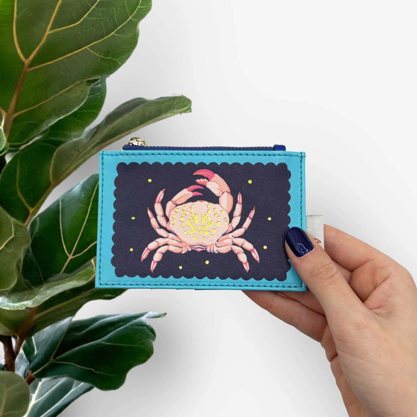 A hand holds a blue wallet with a delightful crab design beneath yellow stars, set against a white background with green leaves visible on the left.
