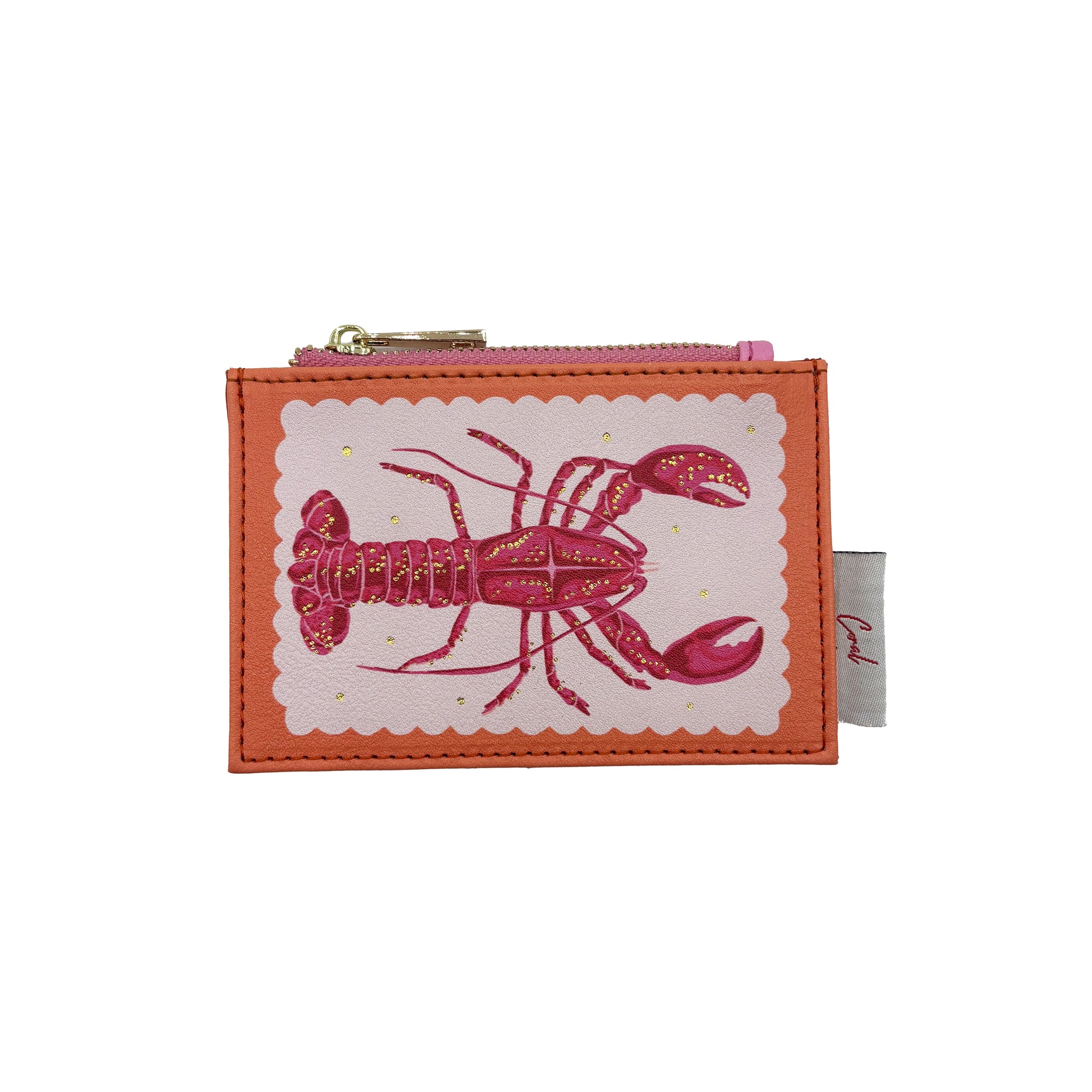 A small orange Coral Lobster Zip Purse featuring a pink illustration of a lobster on the front and a white tag on the side—ideal as a compact zip purse for your essentials.