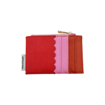 A compact zip purse featuring a red, pink, and orange scalloped design, a zip fastening at the top, and several card slots—ideal for admirers of the Coral Lobster Zip Purse collection.