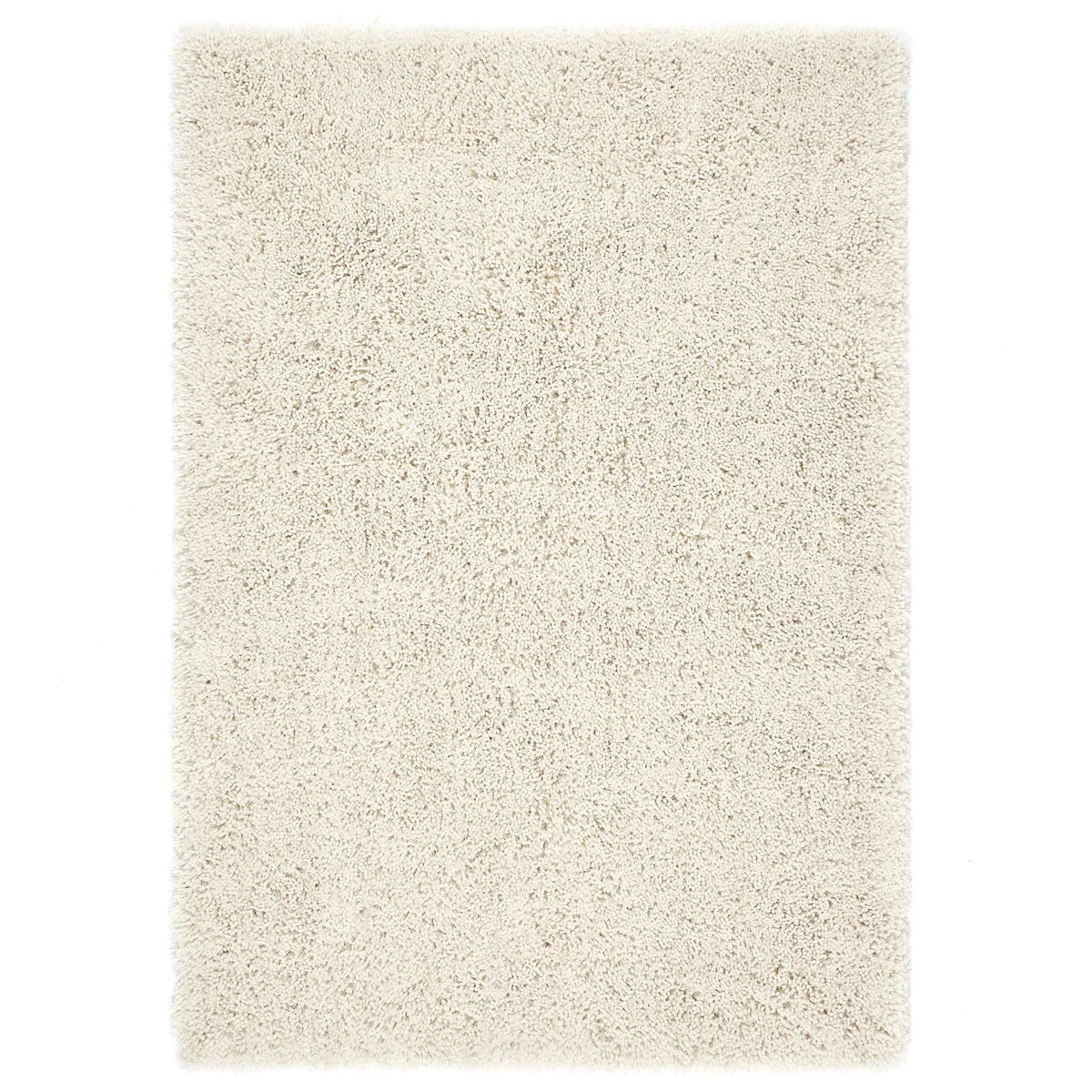A rectangular off-white hand-tufted rug with a thick, plush texture and shaggy pile, photographed from above on a white background.