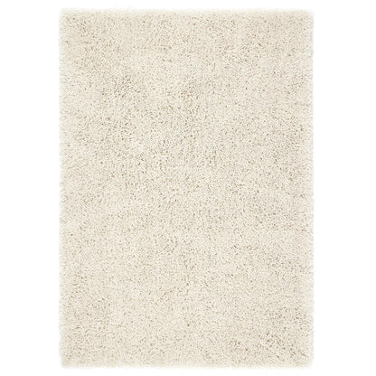 A rectangular off-white hand-tufted rug with a thick, plush texture and shaggy pile, photographed from above on a white background.
