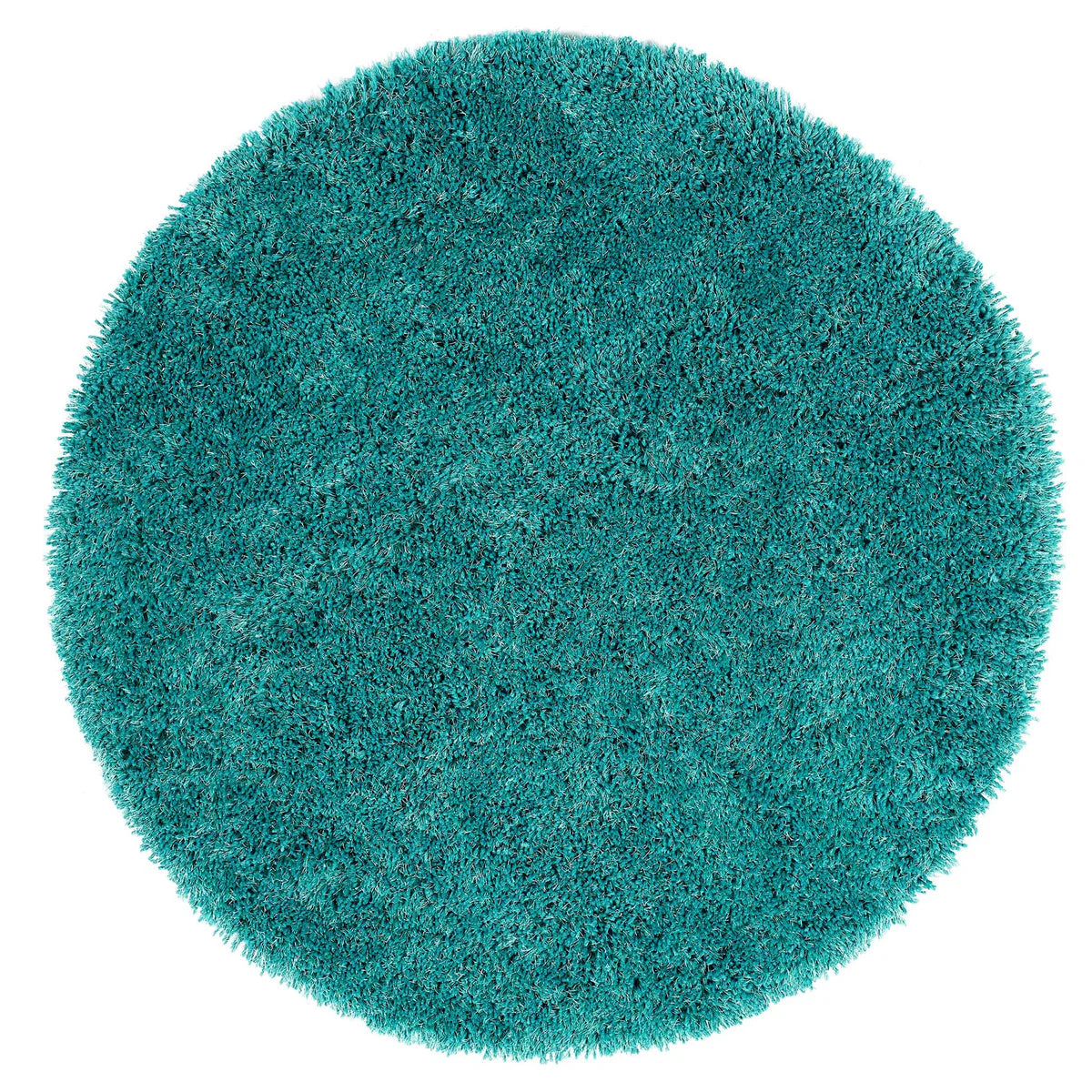 A round, teal-coloured hand-tufted rug with a thick, textured shaggy pile, seen from above.