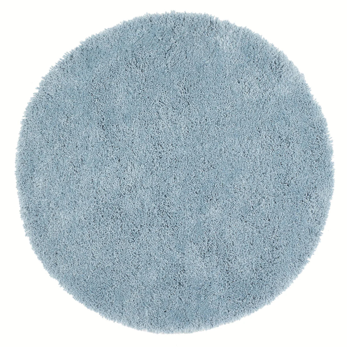 A round, light blue shag pile rug with a thick, soft texture is displayed against a white background.