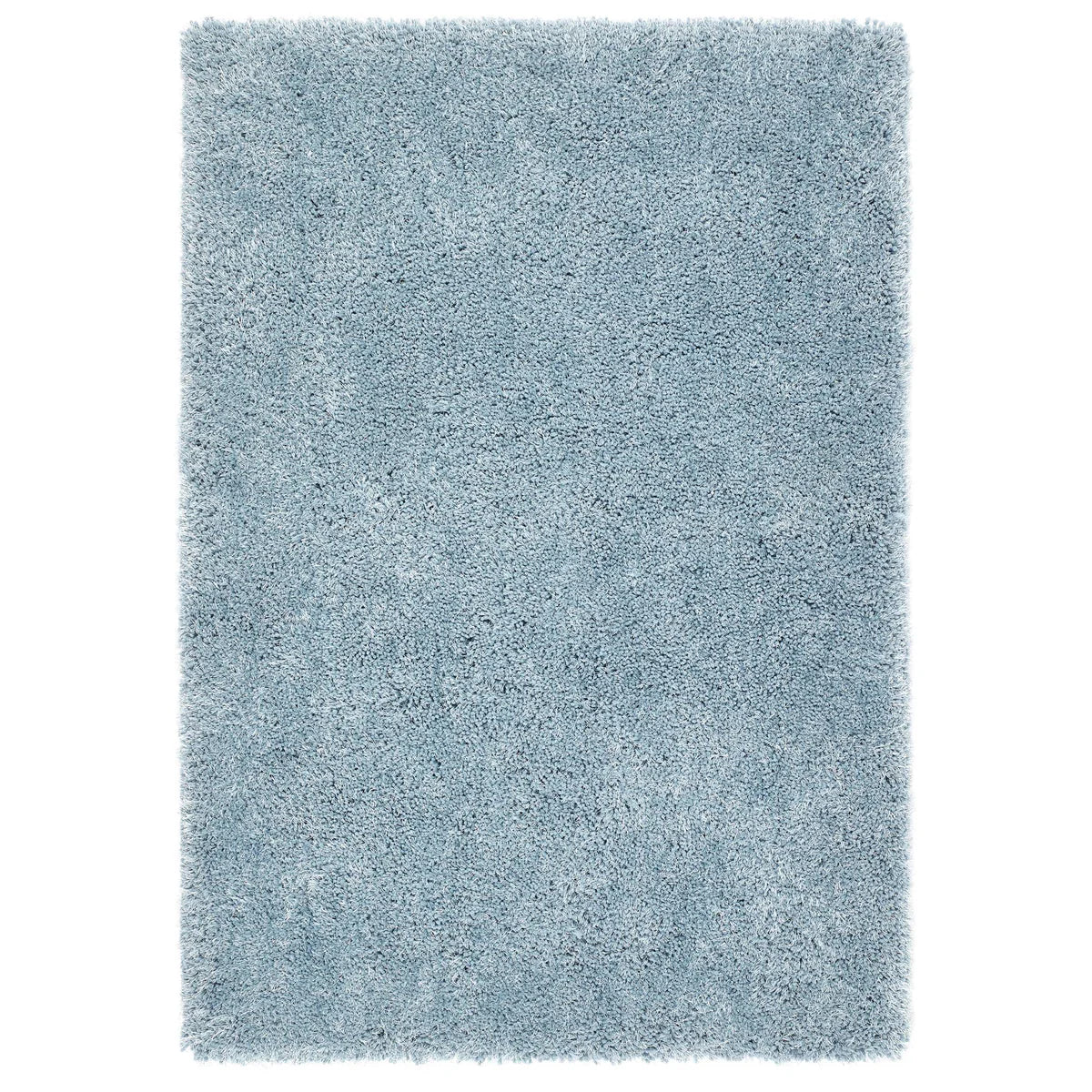 A rectangular light blue shaggy pile rug with a thick, textured surface is pictured against a white background.