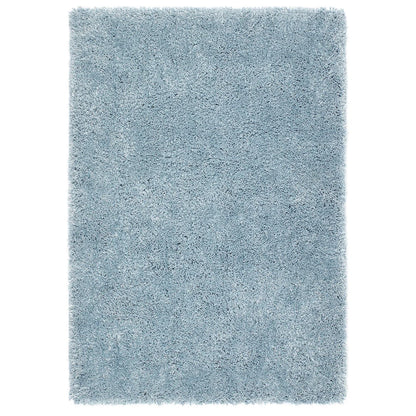A rectangular light blue shaggy pile rug with a thick, textured surface is pictured against a white background.