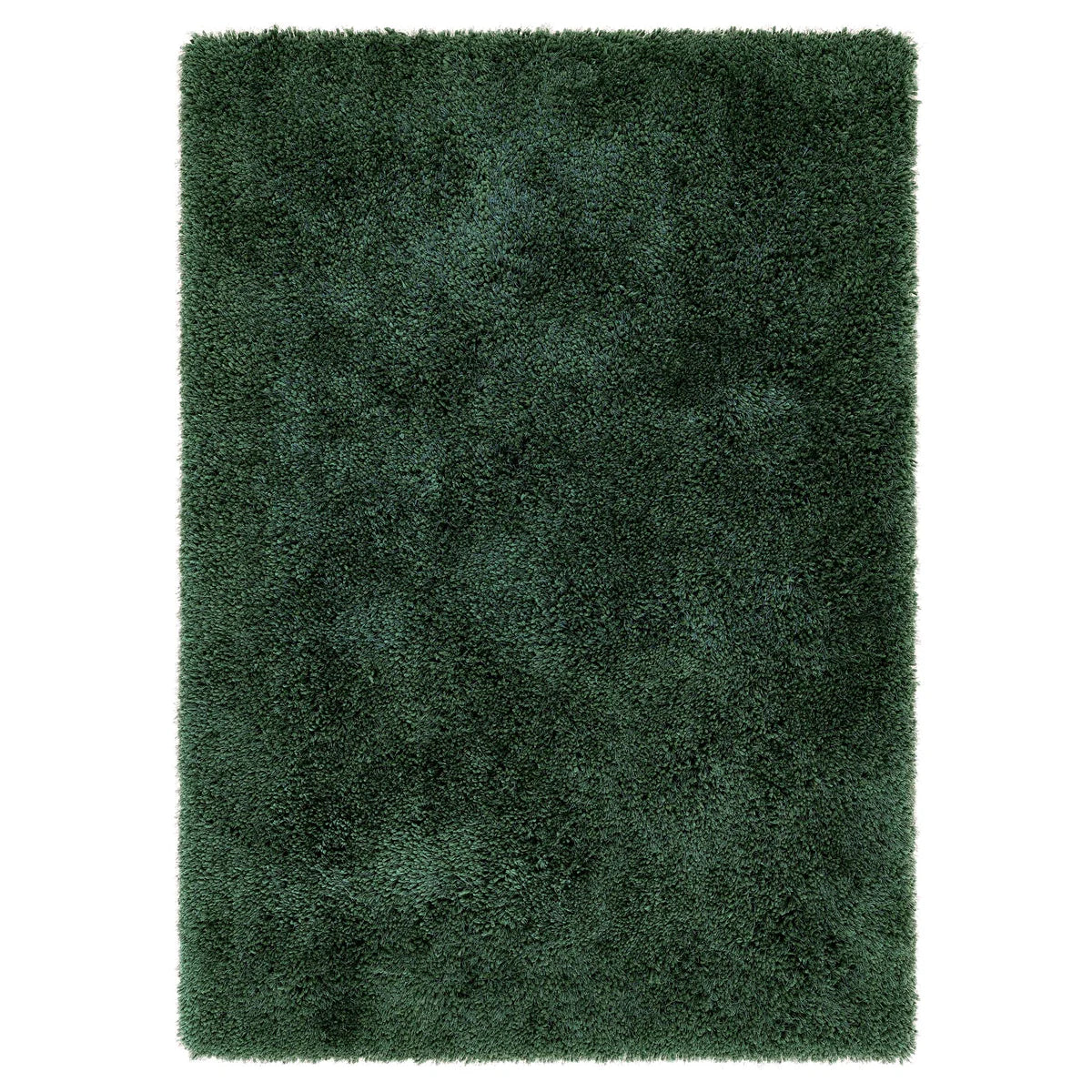 A rectangular, dark green hand-tufted rug with a thick, plush shaggy texture, viewed from above.