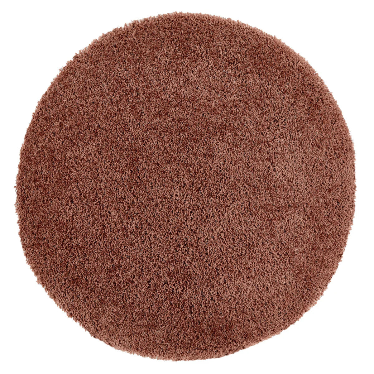 A round, brown Chicago rug with a shaggy texture is photographed from above against a white background.
