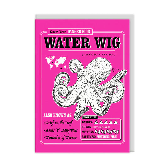 Illustrated pink poster of an octopus labelled Water Wig (Crabius Grabius). With playful energy, it humorously details its outer space origins and pastime of punching fish. Perfect as a Water Wig Greeting Card with its innovative design.