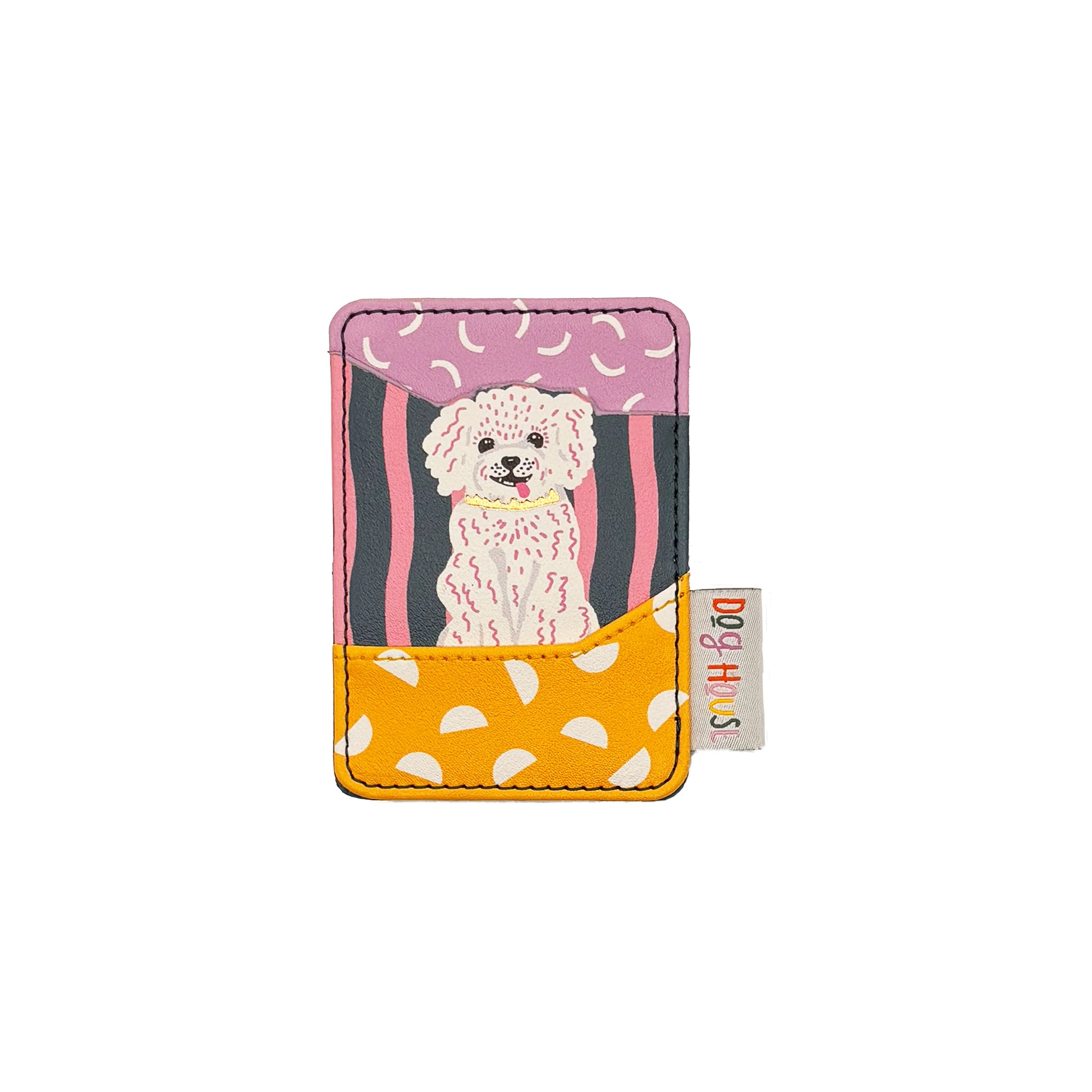 A colourful dog cardholder featuring an illustration of a white dog on a pink and black background, with a yellow front pocket decorated with white dots and a DOGHOUSE fabric tag.