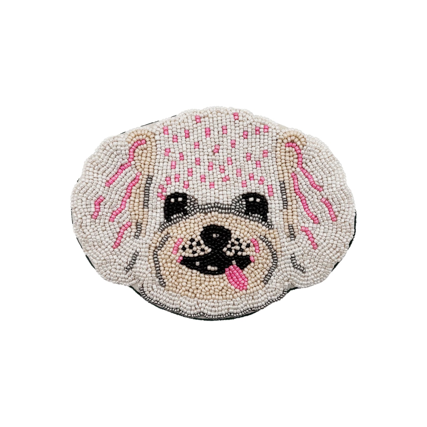 Beaded coin purse displaying a dog’s face crafted from white and pink beads, with black detailing for the facial features and a playful tongue poking out.