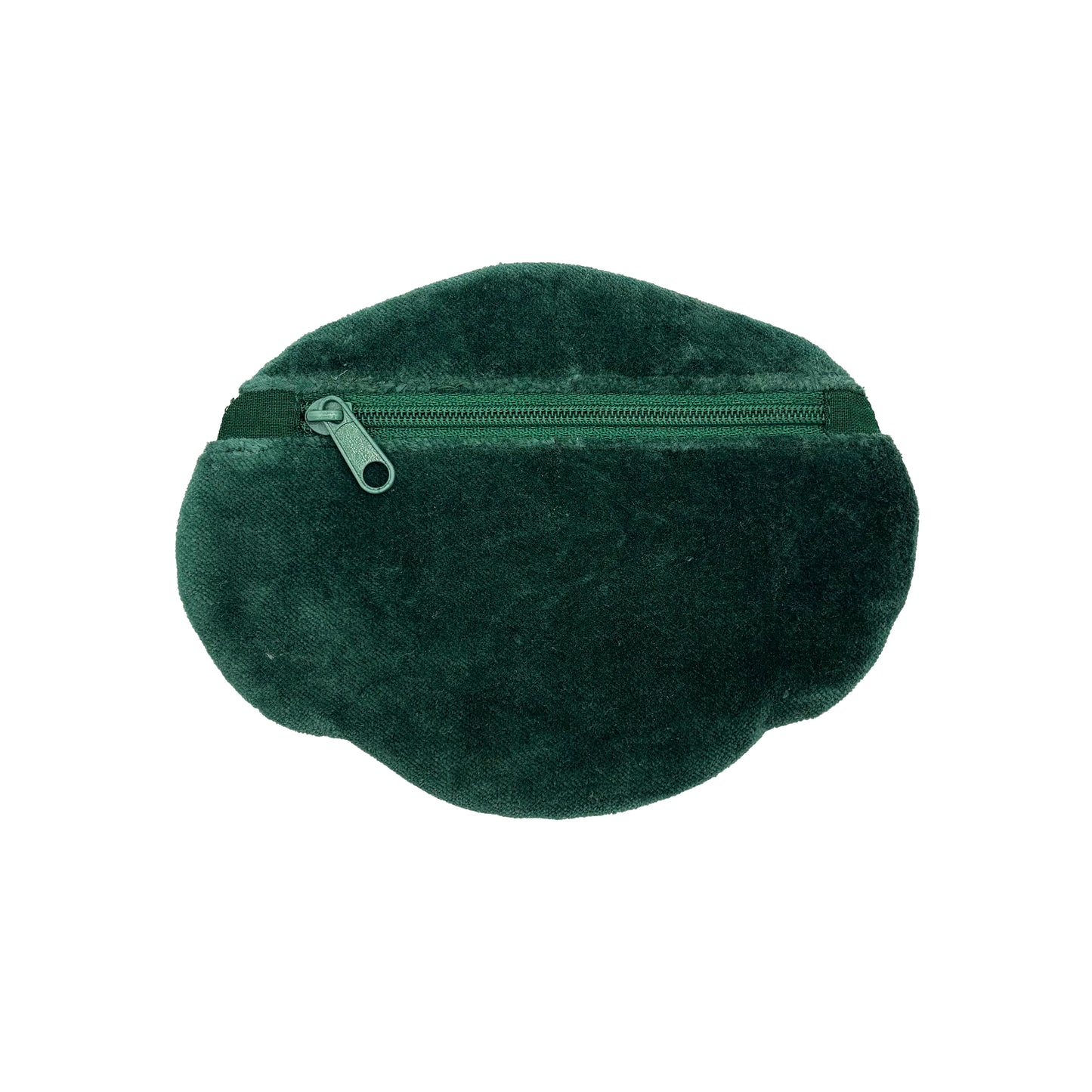 Dark green, plush velvet coin purse with a zip fastening, photographed against a white background.