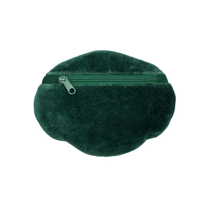 Dark green, plush velvet coin purse with a zip fastening, photographed against a white background.