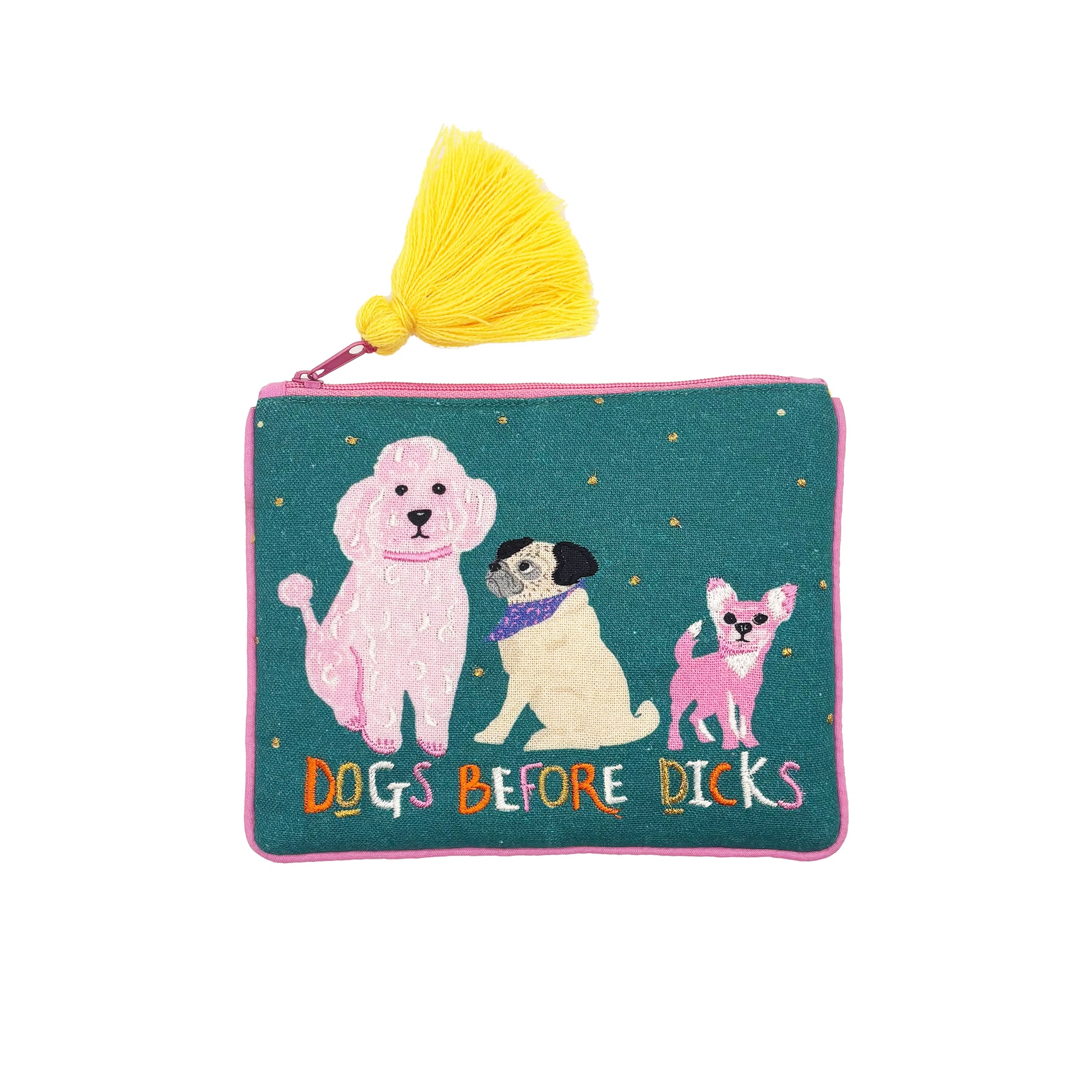 A quirky dog handbag, this green velvet pouch with a yellow tassel displays embroidered images of three dogs and the bold wording DOGS BEFORE DICKS on the front.