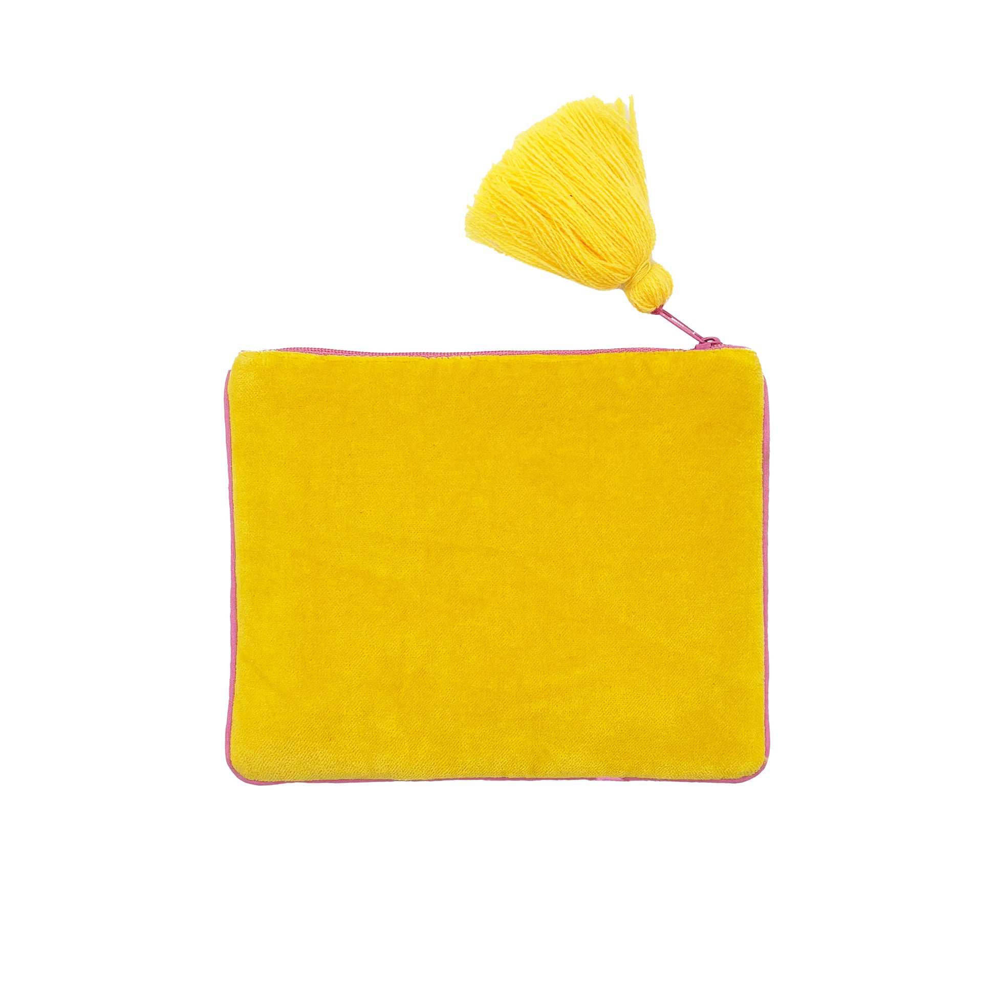 Rectangular yellow velvet handbag with a zip fastening and a large yellow tassel affixed to the top corner, photographed against a white background—a quirky dog purse ideal for those with bold taste in style.