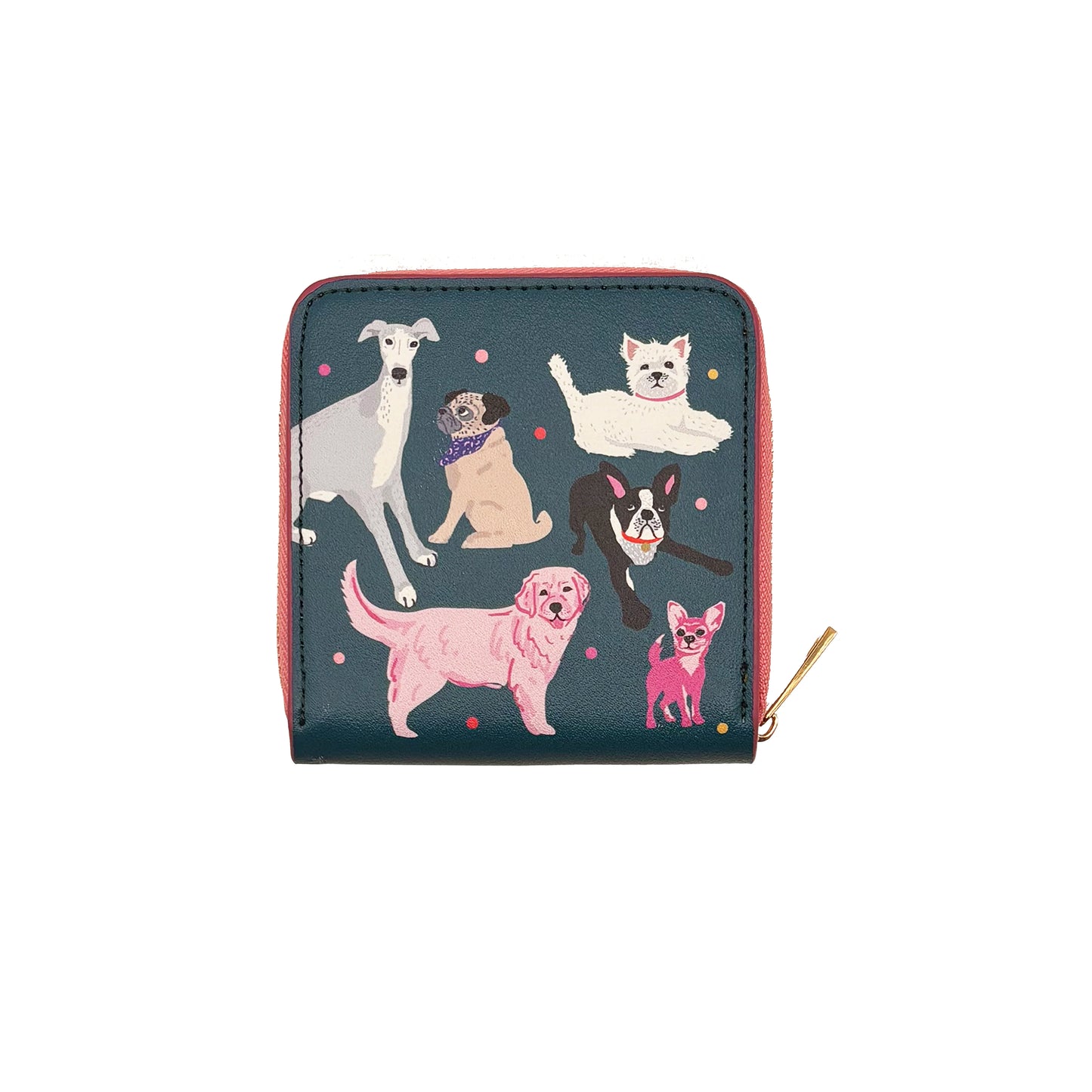 A square zip purse from the Doghouse Collection, featuring illustrations of six different dog breeds on a dark green background with small colourful dots—a perfect choice for dog lovers.