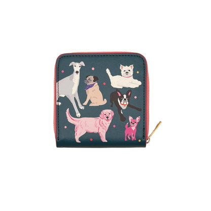 A square zip purse from the Doghouse Collection, featuring illustrations of six different dog breeds on a dark green background with small colourful dots—a perfect choice for dog lovers.