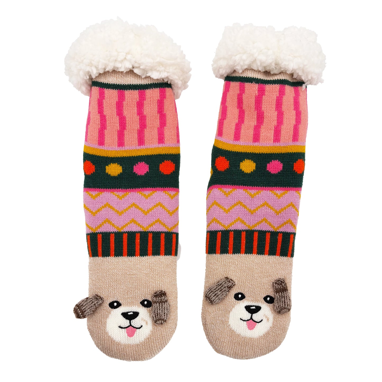 A pair of colourful Dog House Slipper Socks with pink, green, yellow and orange patterns, featuring dog faces on the toes and white fluffy cuffs—a perfect gift for any dog lover.