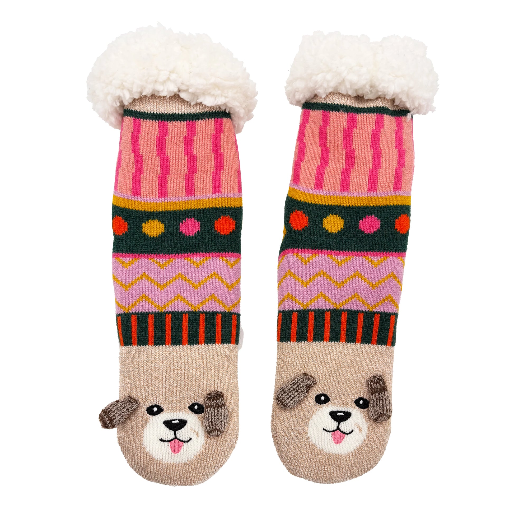 A pair of colourful Dog House Slipper Socks with pink, green, yellow and orange patterns, featuring dog faces on the toes and white fluffy cuffs—a perfect gift for any dog lover.