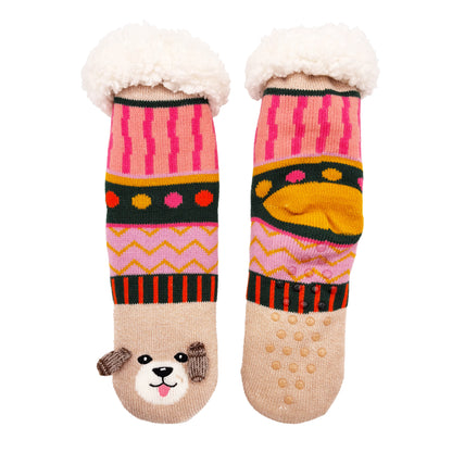 A pair of colourful, patterned Dog House Slipper Socks featuring a dog face motif on the toes, fluffy white cuffs, and anti-slip soles—ideal as a cosy gift for dog lovers.