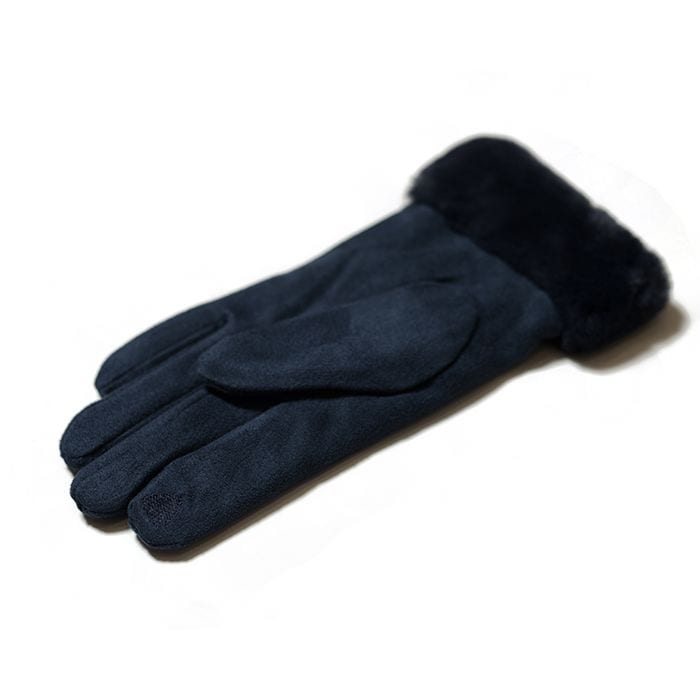 A single dark blue glove with a soft, furry cuff shown on a white background—these cosy gloves are ideal handwarmers for cold winter days.