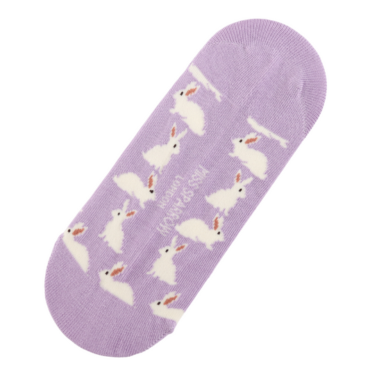 Lavender no-show sock featuring a repeating pattern of white rabbits with pink ears, inspired by British-designed socks. Introducing the Lilac Rabbits Invisible Footsie Socks—stylish and vegan-friendly!.
