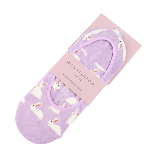 A pair of Lilac Rabbits Invisible Footsie Socks with white bunny patterns, presented on a pink card labelled Miss Sparrow London—stylish, vegan-friendly socks inspired by British design.