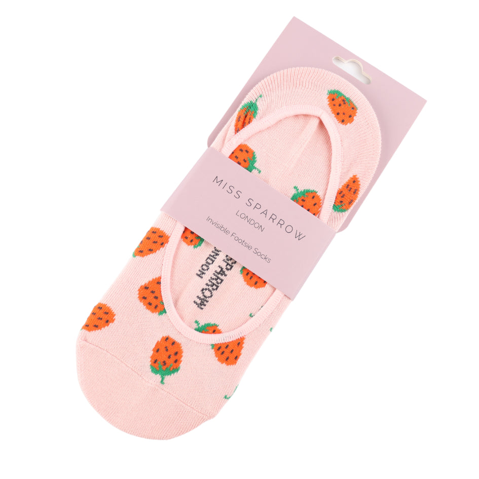 A pair of vegan-friendly Dusky Pink Strawberry Invisible Footsie Socks featuring a charming strawberry pattern, packaged with a Miss Sparrow London Invisible Footsie Socks label.