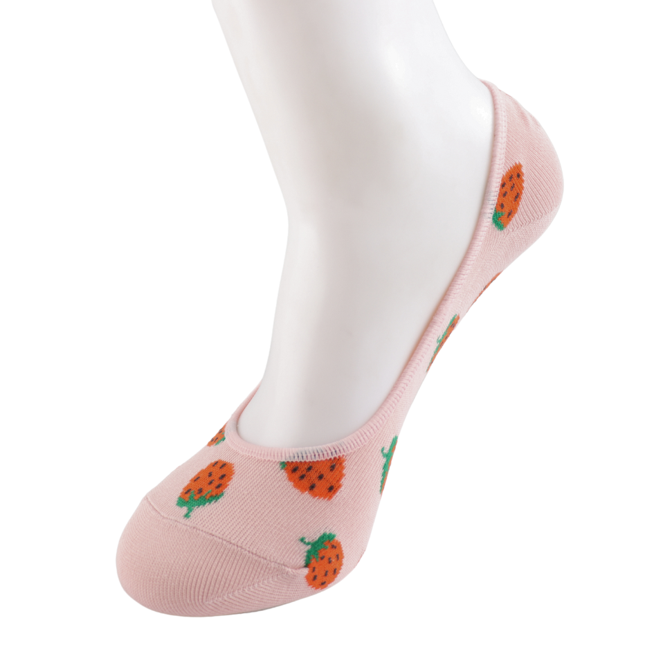 A white mannequin foot displays a pale Dusky Pink Strawberry low-cut sock featuring a charming pattern, perfect for showcasing invisible footsie socks that are also vegan-friendly.