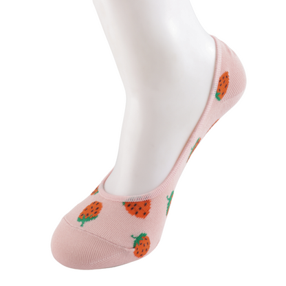 A white mannequin foot displays a pale Dusky Pink Strawberry low-cut sock featuring a charming pattern, perfect for showcasing invisible footsie socks that are also vegan-friendly.