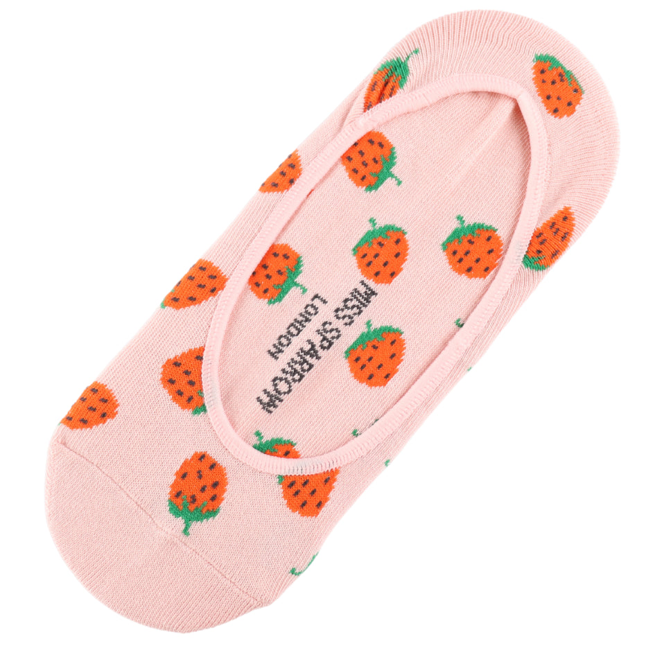 A single vegan-friendly, dusky pink strawberry sock featuring a pattern of small red strawberries and green leaves, with black text reading MISS STRAWBERRY LONDON.