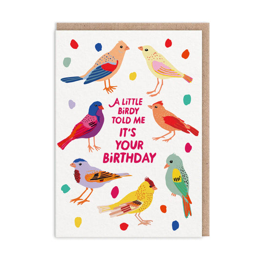 Whimsical birthday card by Hartland Brooklyn featuring colourful, illustrated birds around the text A little birdie told me its your birthday, with scattered vibrant dots.