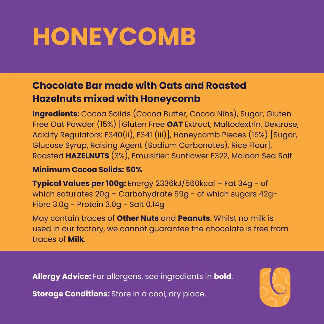 Ingredients and nutritional information for chocolate bar, featuring oats and roasted hazelnuts. This vegan, dairy-free chocolate is an ethically conscious treat, with allergy advice and storage tips provided on a yellow and purple background.
