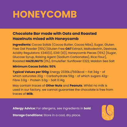 Ingredients and nutritional information for chocolate bar, featuring oats and roasted hazelnuts. This vegan, dairy-free chocolate is an ethically conscious treat, with allergy advice and storage tips provided on a yellow and purple background.