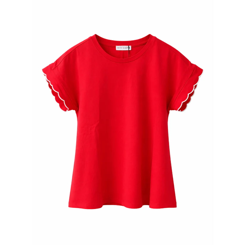 The SLONE SCALLOP TEE is a plain red short-sleeved T-shirt with scalloped sleeve edges, made from vegan materials and shown against a white background.