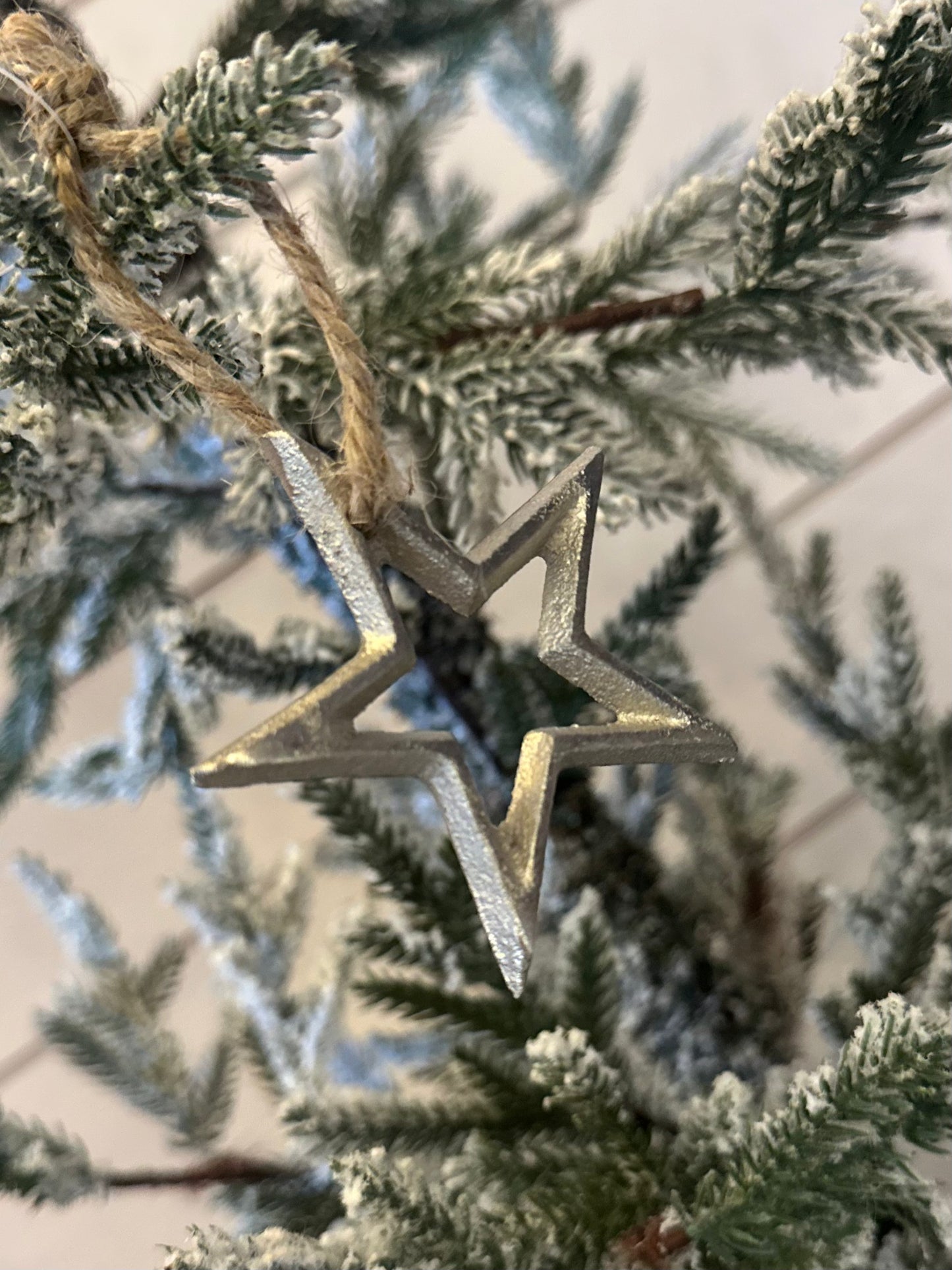 A vegan Christmas decoration, this Silver Christmas Star Tree Decoration is suspended from a snow-dusted evergreen branch, secured with twine.