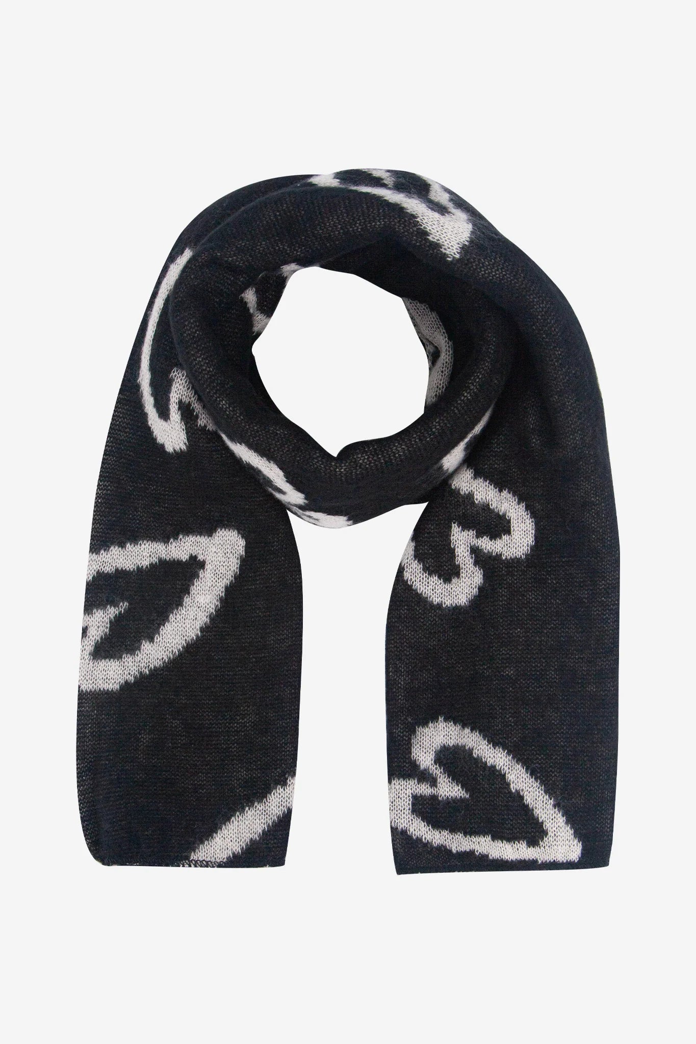 A black vegan heart scarf with a white abstract heart pattern, displayed in a loose loop on a plain background—a cruelty-free accessory suitable for any wardrobe.