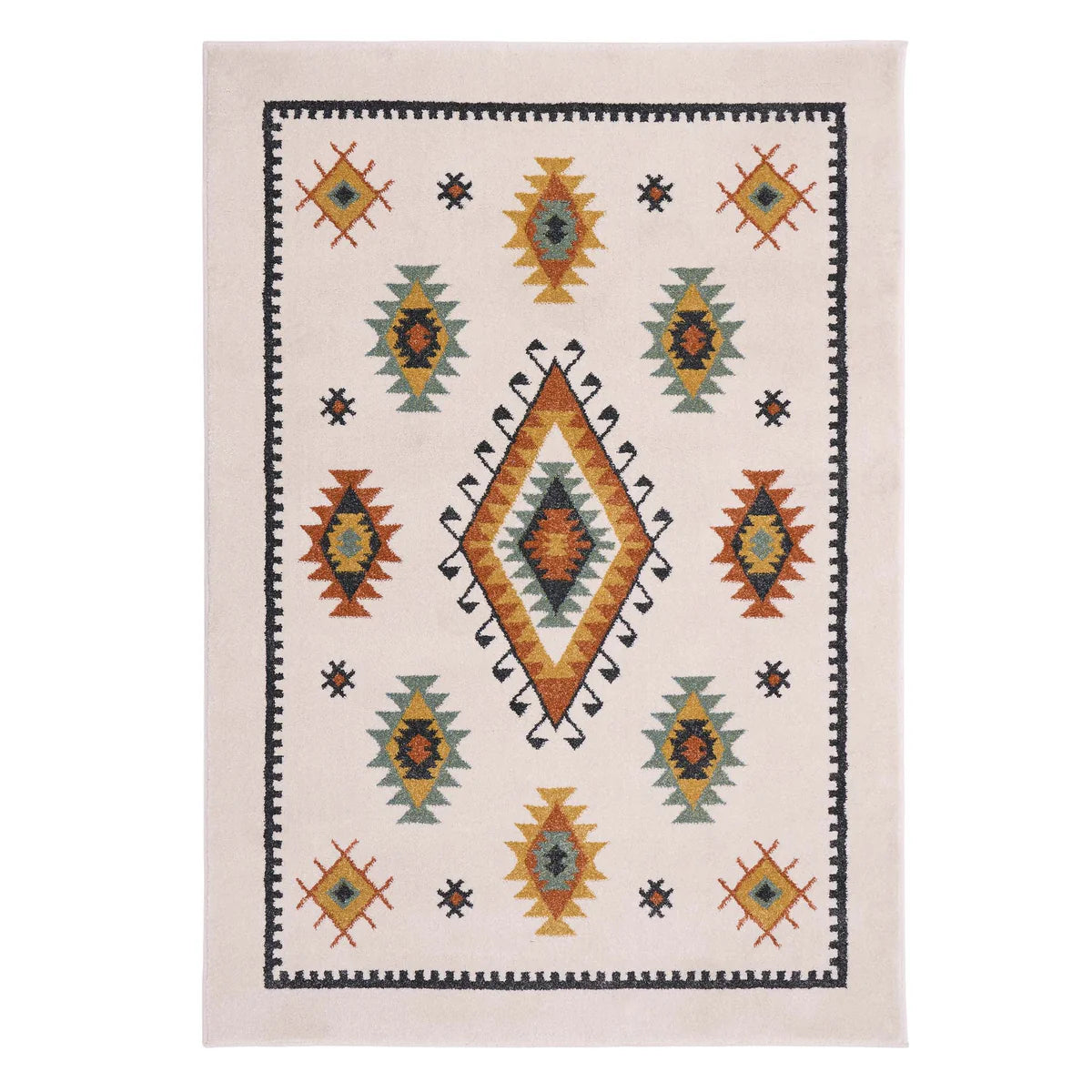 Rectangular Persian-inspired rug with a cream background, showcasing a central diamond motif and symmetrical geometric patterns in yellow, orange, green, blue, and black.