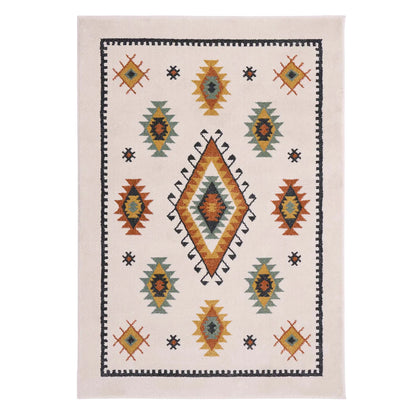 Rectangular Persian-inspired rug with a cream background, showcasing a central diamond motif and symmetrical geometric patterns in yellow, orange, green, blue, and black.