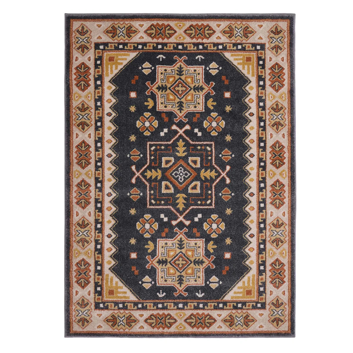 Rectangular Persian-inspired rug featuring a black centre, geometric and floral motifs in beige, gold, rust, and white, with a broad decorative border; made from robust polypropylene fibres.