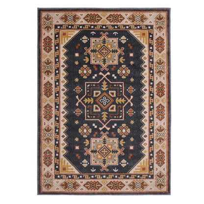Rectangular Persian-inspired rug featuring a black centre, geometric and floral motifs in beige, gold, rust, and white, with a broad decorative border; made from robust polypropylene fibres.