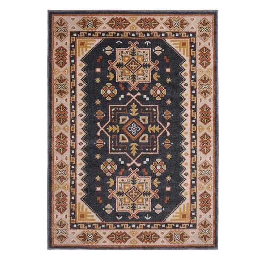 Rectangular Persian-inspired rug featuring a black centre, geometric and floral motifs in beige, gold, rust, and white, with a broad decorative border; made from robust polypropylene fibres.