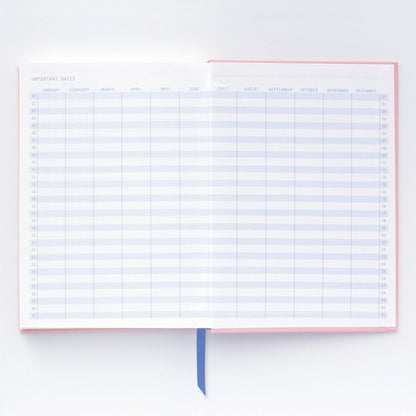 An open premium notebook with lay-flat binding displays a double-page Important Dates spread, empty monthly columns, rows numbered 1 to 31, and a blue ribbon bookmark at the bottom.