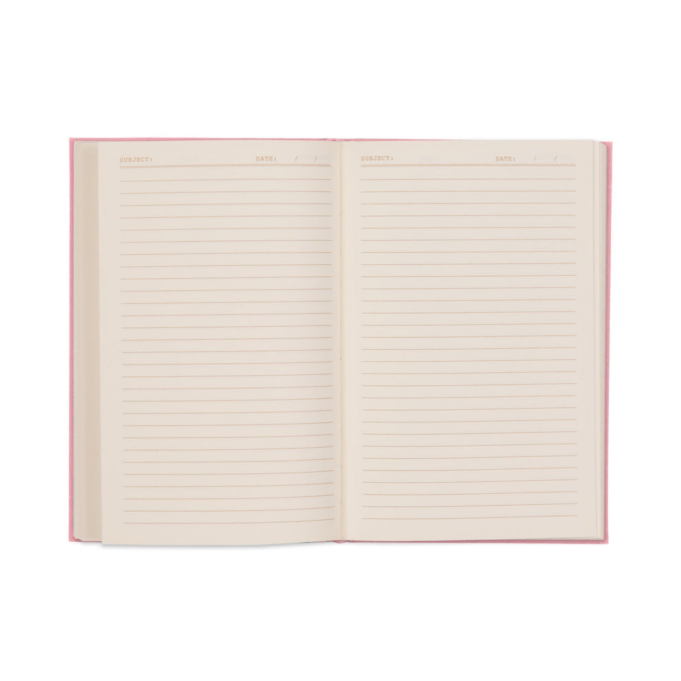 An open lay-flat notebook with lined, cream-coloured pages, labelled for subject and date at the top, set against a white background.
