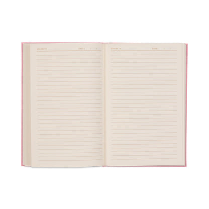 An open lay-flat notebook with lined, cream-coloured pages, labelled for subject and date at the top, set against a white background.