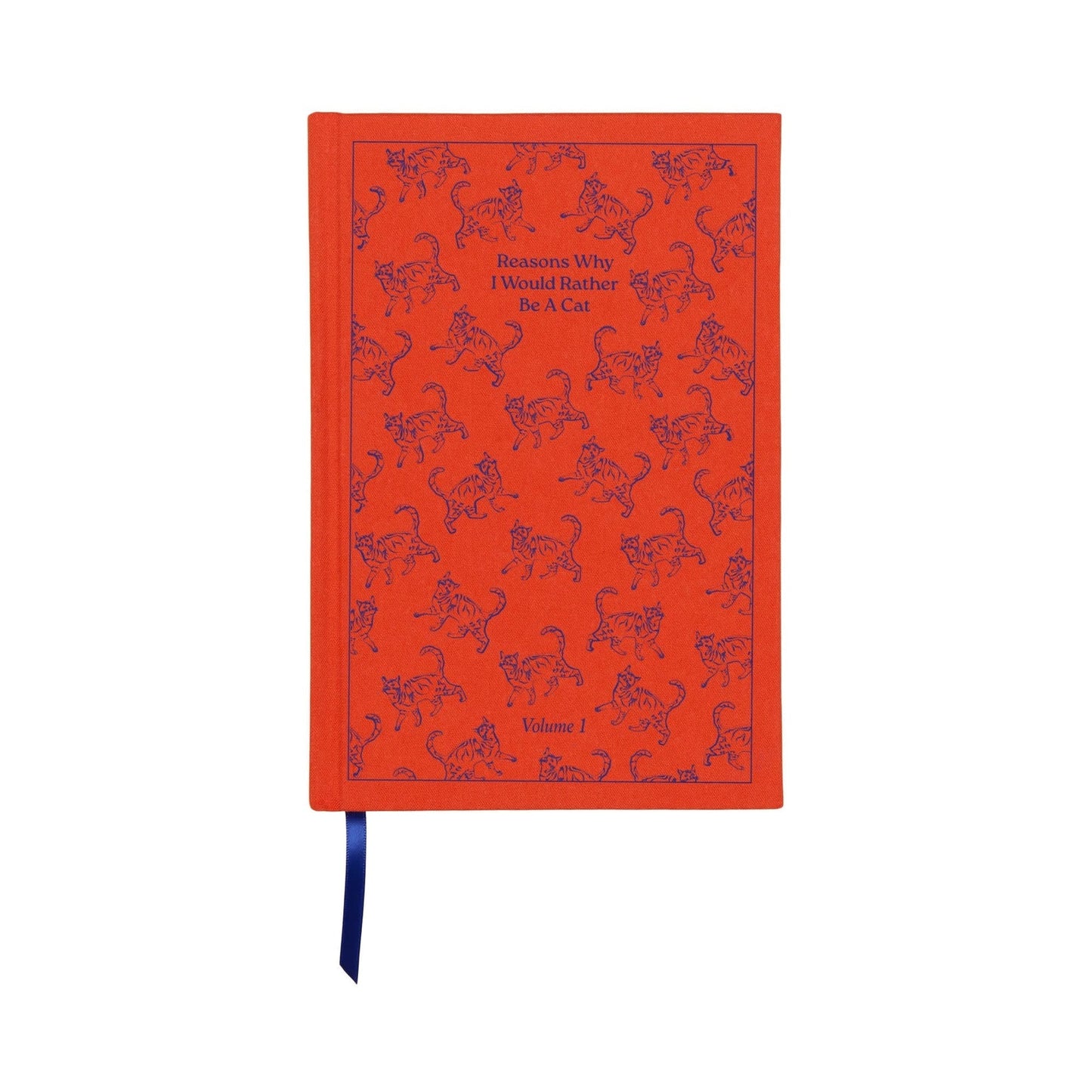 A red hardback, book-inspired notebook featuring blue cat illustrations, gold lettering stating Reasons Why I Would Rather Be A Cat Volume 1, a blue ribbon bookmark, and traditional vintage journal charm.