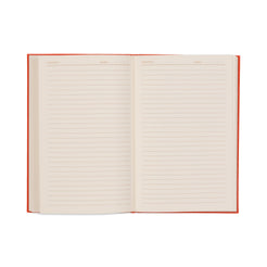 An open vintage journal with lined pages and a red cover, displayed against a white background.