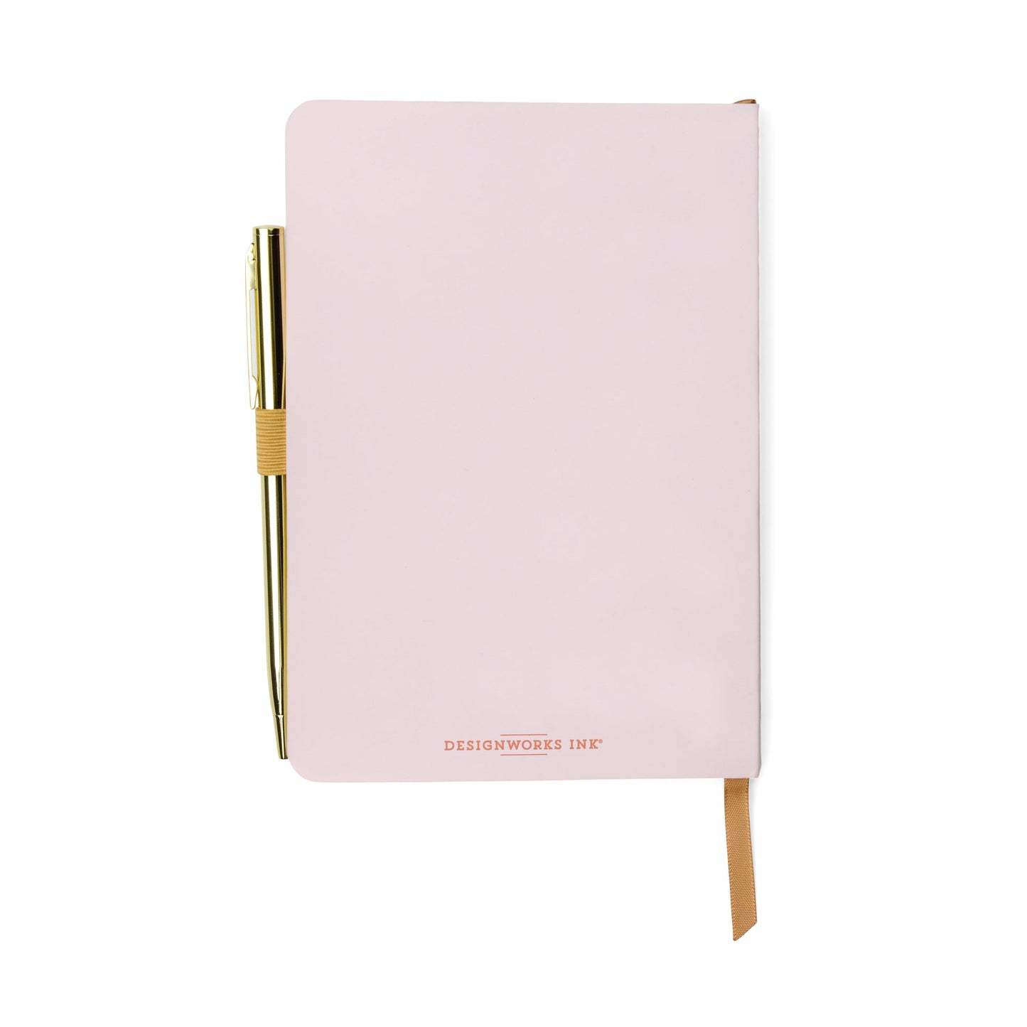 A closed pale pink gratitude journal with DESIGNWORKS INK on the cover, featuring an elastic pen loop holding a gold pen and a tan ribbon bookmark—ideal for your mindfulness or wellbeing routine.