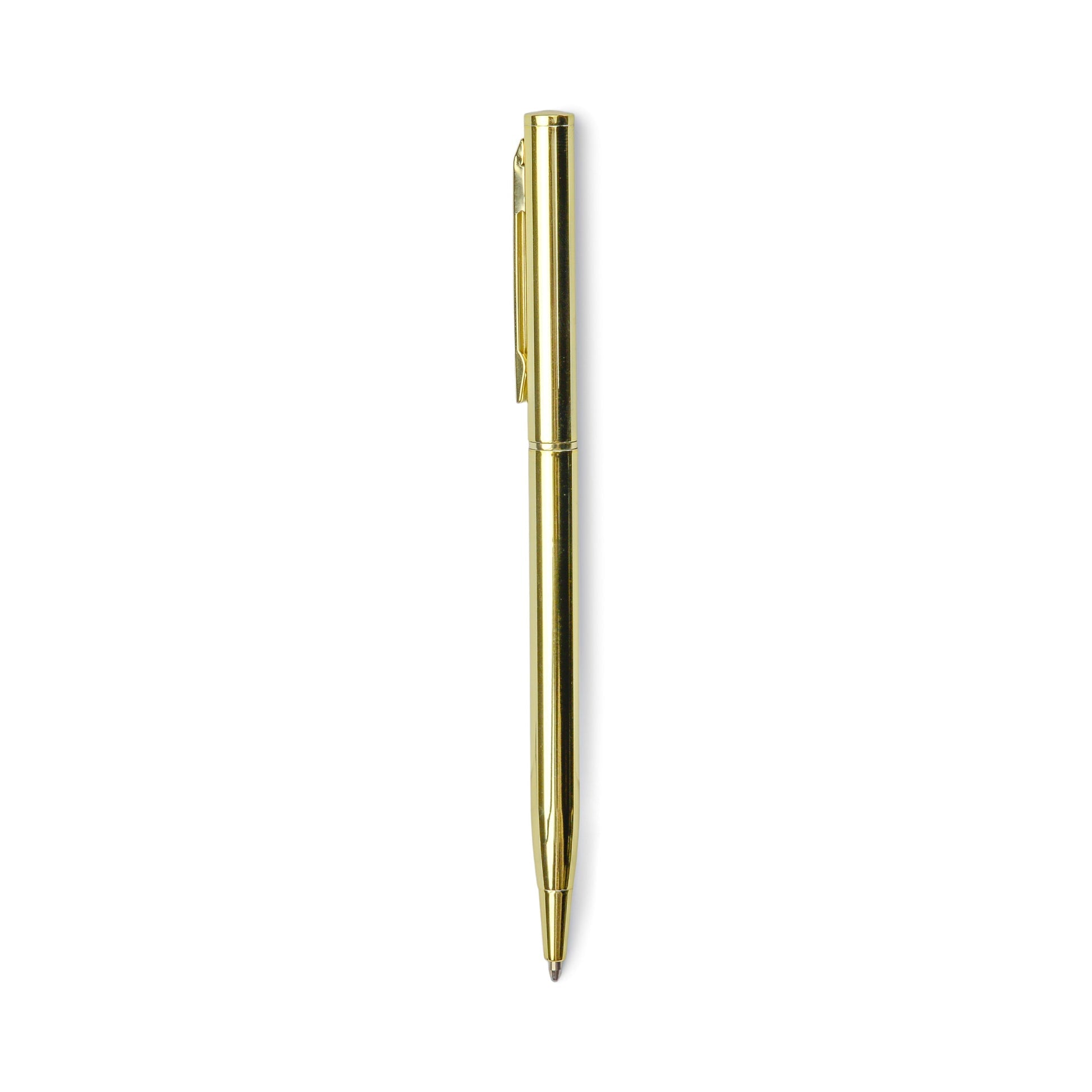 A gold-coloured ballpoint pen with a pocket clip, ideal for your gratitude journal, displayed vertically against a white background.